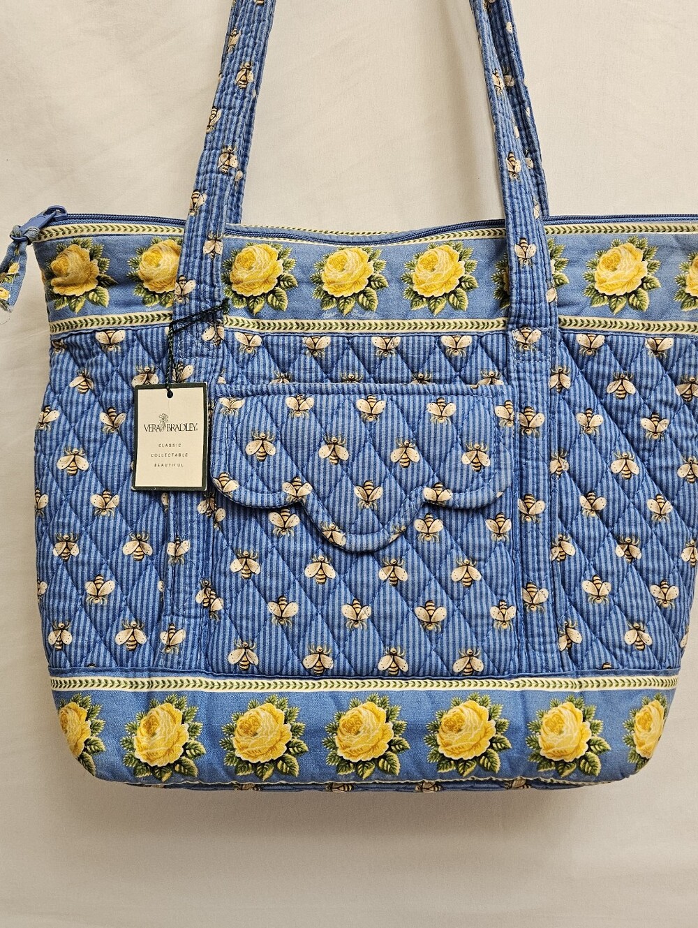 Vera Bradley Blue Bee Villager Quilted Floral Tote Bag with Yellow Rose Trim Vtg - Picture 13 of 16